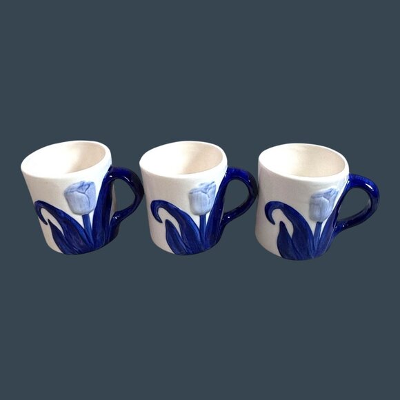 Vintage Handpainted Delft Blue 3D Tulip Floral Design Ceramic Coffee Mug Set 3 - Picture 10 of 11